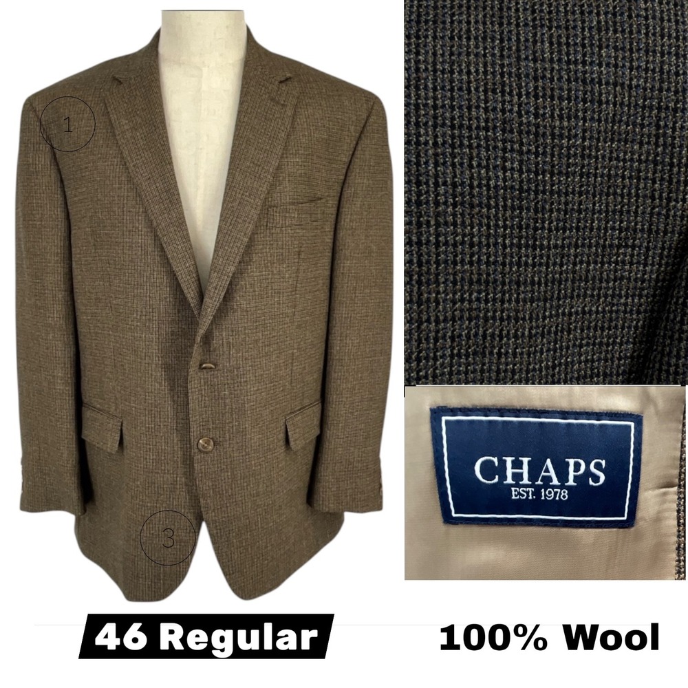 Chaps Est 1978 Mens 46R Brown 100% Wool Micro Check 2 Button‎ Blazer Sport Coat